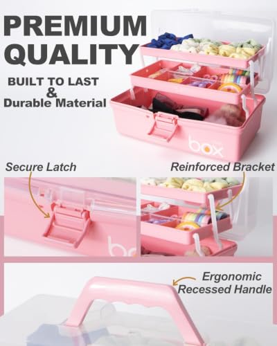 TERGOO 13in Lager Plastic Craft Organizer and Storage 3-Layer Tackle Box - color: Pink