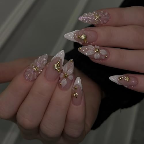 Summer Almond Press On Nails Medium Glitter Fake Nails With Gold Starfish Shell Pearls Design French Nail Press Ons Embossed Flower Acrylic Nails Spring Glossy False Nails For Women - color: Design-5