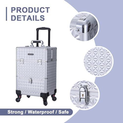 TOPACK 3-In-1 360°Rotaing Rolling Makeup Train Case with Trolley/Drawer - color: silver, size: medium