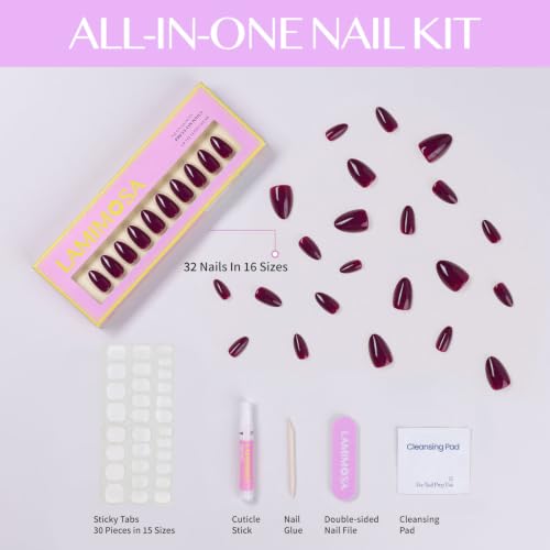 LAMIMOSA 32Pcs Press on Nails Short Almond, Purple Fake Nails, GRAPE - color: GRAPE