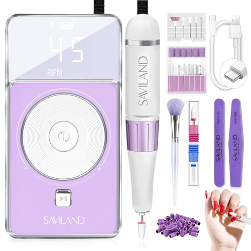 SAVILAND SSPro X-Drill Nail Drill Professional: 45000 RPM Quick Removal for Acrylic Nails Electric Nail File 3000 mAh Nail Drill Kit Portable EFile with Ceramic Bits Sanding Bands Nail Tech Salon - color: Purple White