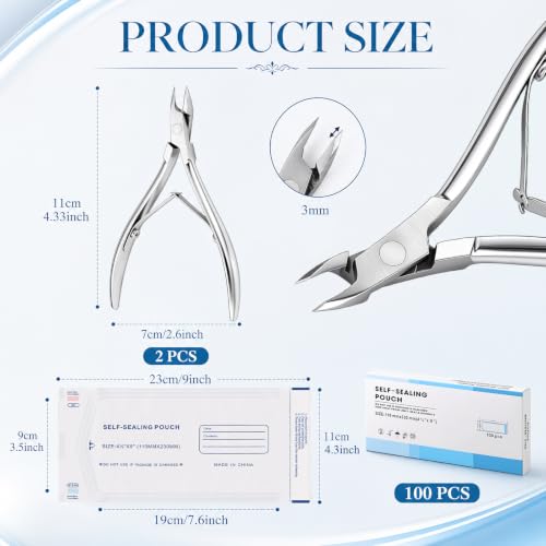 Lothee 2 Pcs 3mm Cuticle Nippers Trimmer with 100 Sterilizer Pouch, Sliver - color: Sliver