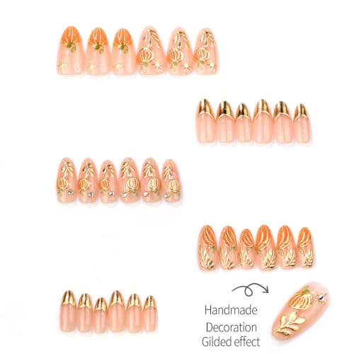 Fall Press on Nails Medium Almond, Gold French Tip Fake Nails, 30Pcs - color: Style-28