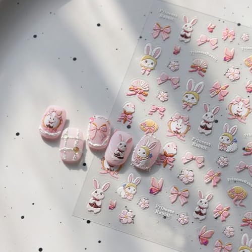 5D Embossed Pink Rabbit Flower Nail Stickers for Nail Art Bows Blossom Nail Design Spring Summer Floral Nail Decals Relief Petals - color: Rabbit Flowers