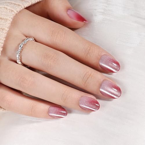 Light Berry Pink Cat Eye Press On Nails, Short Oval Reusable Nails - color: F3-Rose Glow