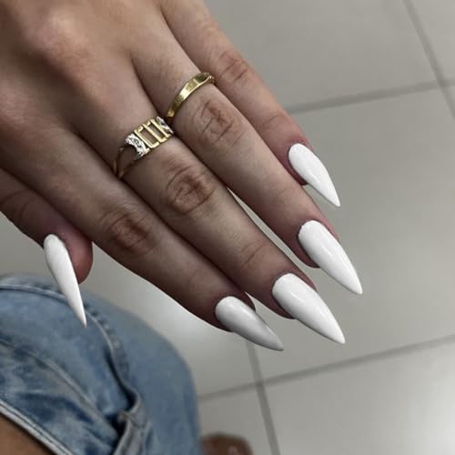 White Press on Nails Almond Long Glossy Fake Nails for Women - color: 10-Milk White