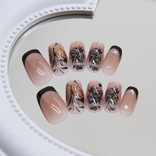 RTKHFZE Short Press on Nails Square Black Butterfly Fake Nails with Design Exquisite Stick on Nails Full Cover Acrylic Glossy Glue on Nails Artificial Nails for Women Manicure Decorations 24Pcs - color: style011