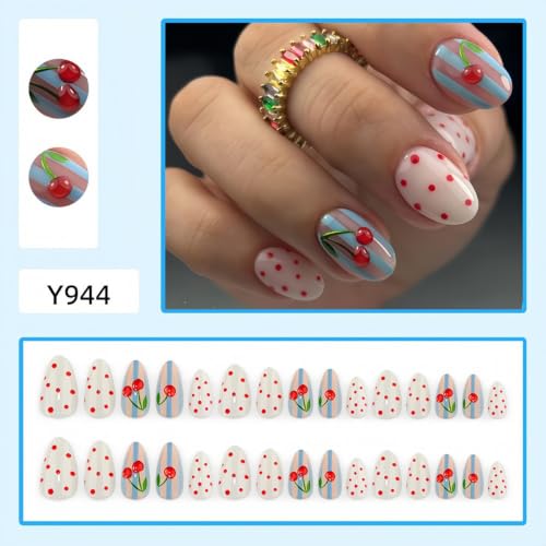 Almond Press on Nails Medium Fake Nails with Polka Dots Cherry Striped Design Reusable Glossy Full Cover Cute Stick on Nails for Women Manicure 30Pcs - color: style-33