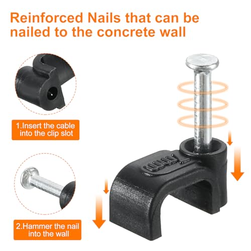uxcell Cable Clips with Steel Nail, 100Pcs 7mm/0.28" Plastic Cable Wire Clips, Ethernet Cable Clips Nail in Cable Clips for Home Wires Cables Cords Management, Black - size: 7mm