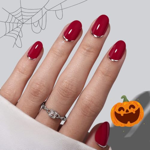 SHANGMENG Press on Nails Oval Short Red Nails with 3D Silver Tail, Soft Gel - color: Crimson Curve