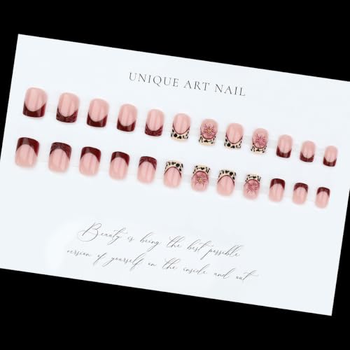 French Tip Press on Nails Short Square Leopard Flower Design - color: Red Black Glod