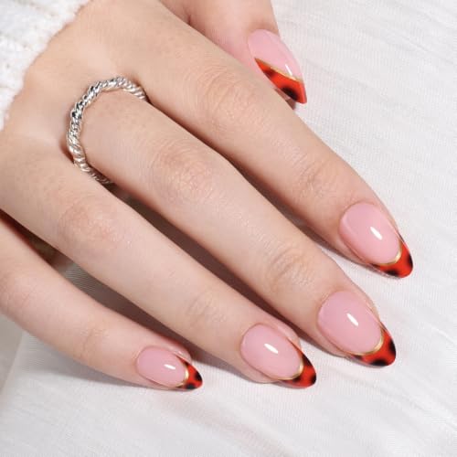 Red French Tip Press On Nails - French Tip Almond Fake Nails - color: 3D - Red French Gold Line