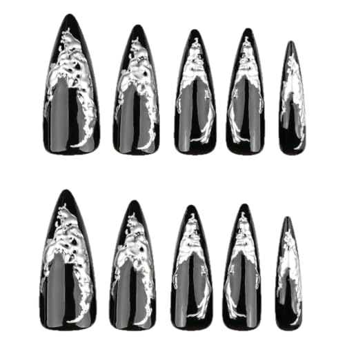 Gothic Black Press on Nails Long Stiletto - 3D Silver - color: Style-25