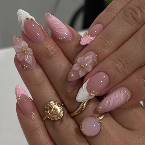 Pink Almond Press On Nails Medium Fake Nails With 3D Flower Design French Tip Nail Press Ons Gold Pearl Spring Acrylic Nails Glossy False Glue On Nails For Women 24Pcs - color: Design-1