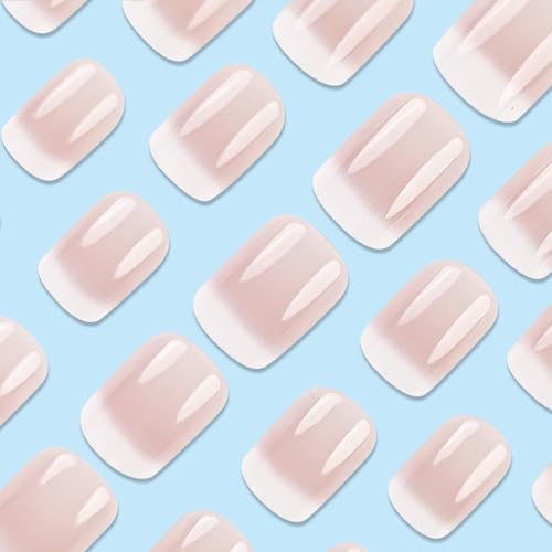 Press on Nails Short Square MABKJLF Fake Nails Full Cover Pink & White Gradient False Nails Glossy Glue on Nails Stick on Nails Acrylic Nails Artificial Nails for Women Girls 24Pcs - color: S43