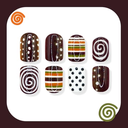 Polka Dot Press on Nails Square Short Stripe Swirl Design - color: Brown Black White Green Orange