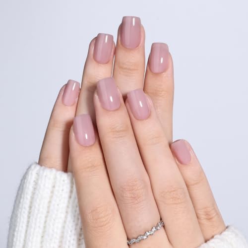 Pink Nude Press On Nails, Short Square, Glossy Skin Tone Glue On Nails - color: A8-Pink Nude