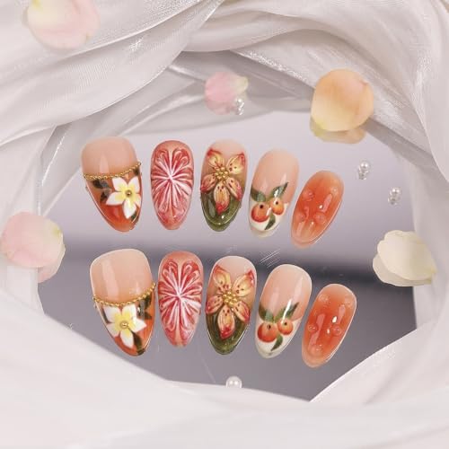 Fall Floral Press On Nails Medium Almond False Nails Autumn Orange Flower Acrylic Nails with Rhinestones Design French Tip Full Cover Stick On Nails Reusable Artificial Nail Set for Women 30Pcs - color: special Fall Floral-19