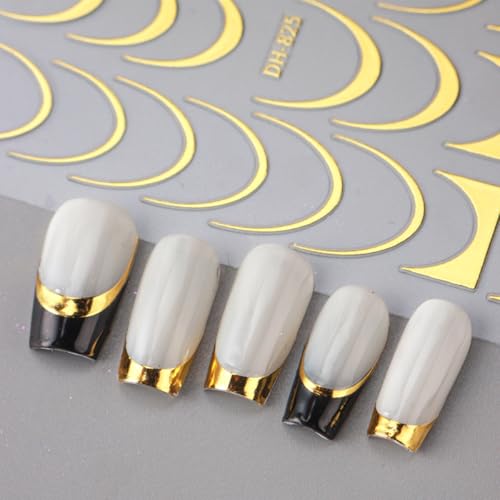 8 Sheets Gold Silver French Stripe Line Nail Stickers, 3D Self-Adhesive - color: Dh-825+826