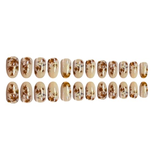 Fall Maple Leaf Press On Nails Short Oval Cat Eye Fake Nails Reusable Autumn Glue On Nails with Glitter Design Acrylic False Nails Fall Leaf Stick On Nails for Women Thanksgiving Manicure 24Pcs - color: special Fall-20