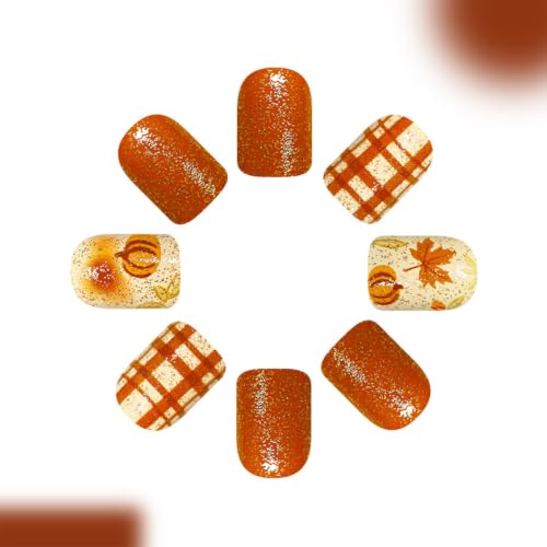 Fall Press on Nails Short Square Autumn Pumpkin Maple Leaf Fake Nails with Orange Brown Plaid Glitter Design Full Cover False Nails Glossy Reusable Glue On Nails for Women Thanksgiving Manicure 24Pcs - color: special Fall-24