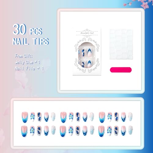 Summer Press On Nails Medium Almond Fake Nails French False Nails With Blue Floral Gold Pearl Design Reusable Acrylic Nail Press Ons Glossy Stick On Nails Full Cover For Women Manicure 24Pcs - color: Design-18