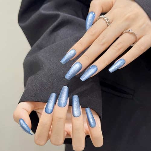 Blue Cat Eyes Press On Nails,12 Sizes-24 Pcs Soft Gel Medium Coffin Fake Nails Kit with Nail Glue, Natural Reusable Stick On False Nails for Women and Girls (Skycloud Blue Nails) SK0981 - color: SK0981-Blue