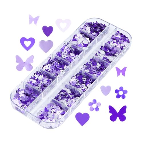 1 Box 2 Color Holographic Hearts Flower Nail Glitter Purple Nail Sequins 3D Butterfly Nail Flakes Sparkly Powder Flakes Shiny Nail Confetti Hollow Chunky Glitter for Nails Art 12 Grids - color: Color 25