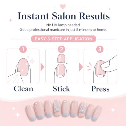 54pcs Light Blue French Tip Press on Nails and Toenails Set, 3D Ribbon Bows & Pearls Fake Nails, Shimmer Nude False Nails Square Shape, Cute Coquette Aesthetic DIY Manicure Kit for Women - color: Light Blue French