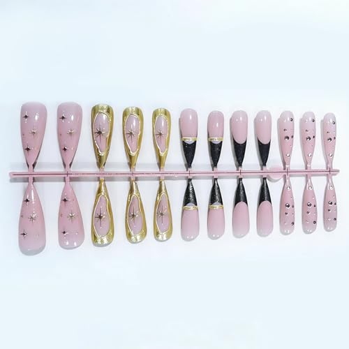 MISUD Press on Nails - Long Stiletto Fake Nails with Black French Tip, Acrylic Gold Chrome Star Design 24 pcs - color: 06103-01-06Black