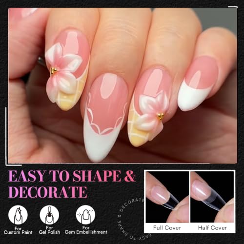Makartt Medium Almond Nail Tips: 504 PCS Pre-Etched Clear False Nails Tips Almond Shapes, 15 Sizes Full Cover Half Matte Soft Acrylic Press On Nail Extensions Supplies Salon and DIY at Home - size: Medium