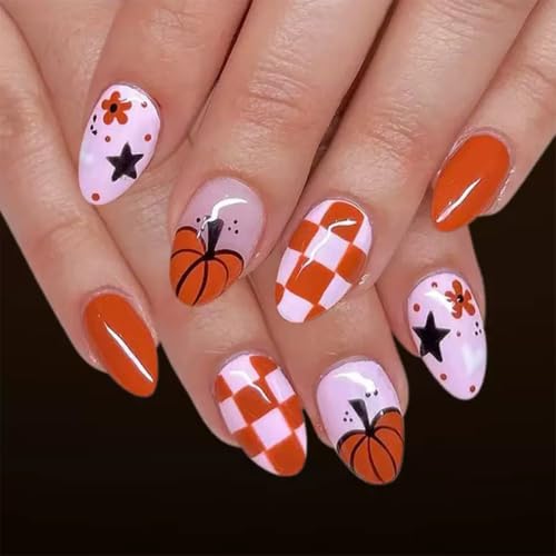 30Pcs Fall Press on Nails - Short Almond Fake Nails, Orange - color: Style-10