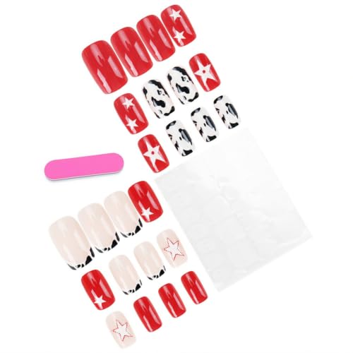NBNTGH Short Square Press on Nails Red White Fake Nails Y2K Star False Nail - color: Style30