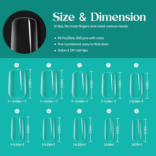Beetles Medium Square Nail Tips, 500Pcs Nail Kit Medium Square - color: Medium Square 500pcs (Clear)
