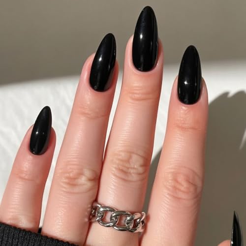 Black Acrylic Press on Nails Almond Shaped Medium Fake Nails - color: 18-Black