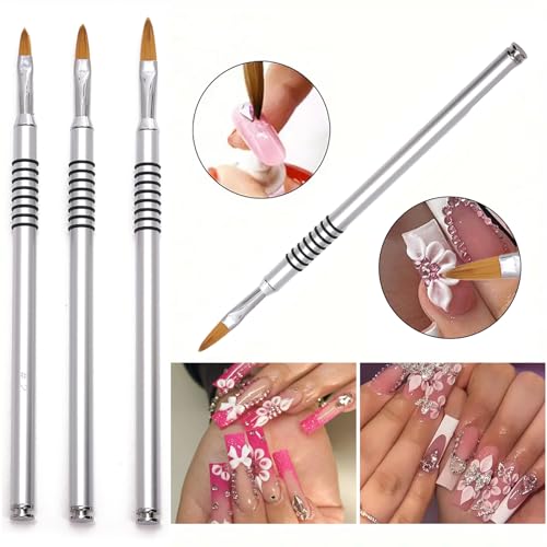 3Pcs Kolinsky 3D Nail Art Brush Set - Size 2/4/5#, Acrylic Nail Brush with Silver Metal Nonslip Grip Handle Polish Clean Up Manicure Sculpture Tools for Women Acrylic Application - color: Silver