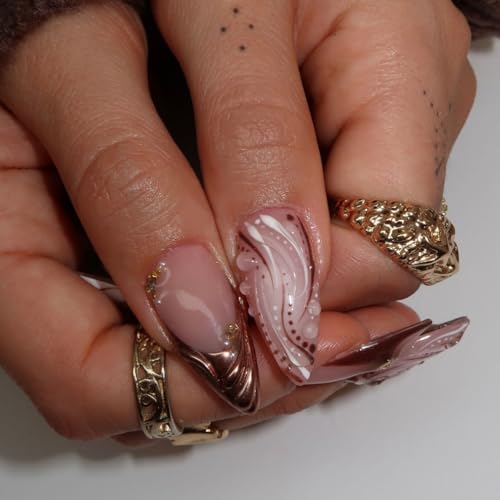 Press on Nails Medium Almond, Embossed Flower Acrylic Fake Nails, Brown French Beads 3D Floral Texture Artificial, Reusable Full Cover Glue on Nails, Stick on Nails for Women - color: Color 07