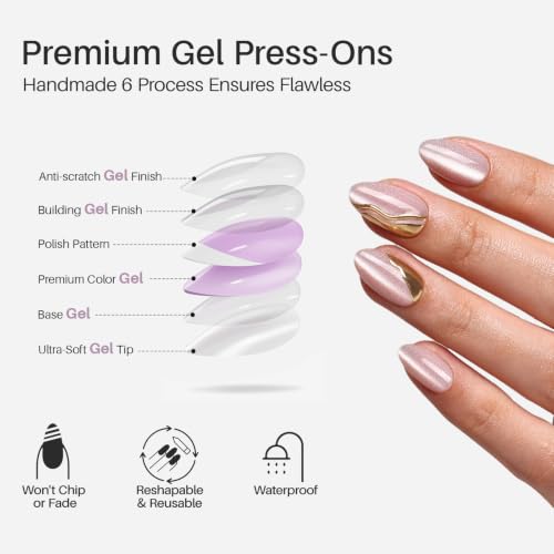 SHANGMENG Press on Nails, Almond Short 3D Rose Pink Cat Eye Nails, Soft Gel - color: Champagne Muse