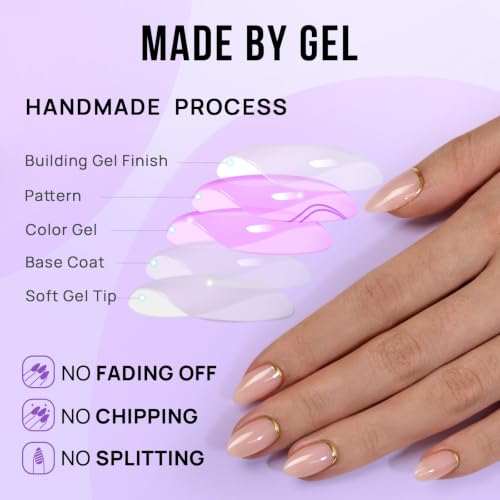 BTArtbox Press On Nails, Almond Short Nude Fake Nails, 32Pcs Full Kit - color: A-Gold End