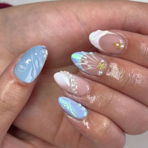 30Pcs Summer Ocean Press on Nails Medium Almond Fake Nails with 3D Pearl Starfish Waves Designs Blue French Tip Acrylic Nail Summer Nails Press On Reusable Glue on Nails for Women Manicure