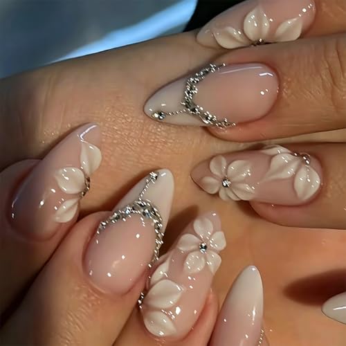 Medium Almond Press on Nails - White Ombre with 3D Embossed Floral & Rhinestone, Full Cover Glossy Fake Nails 24PCS for Women - color: D-52