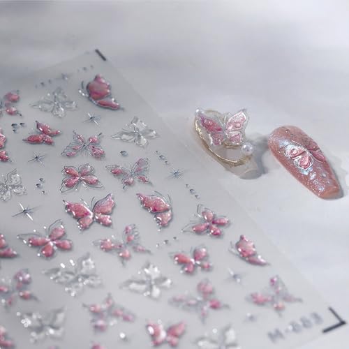 Red Butterfly 5D Embossed Nail Art Stickers Spring Summer Nail Decals Hot Silver Butterflies Nail Stickers Self Adhesive Glitter Star Nail Design Stickers for Women Spring Summer Nail Art Supplies - style: Butterfly Nail Stickers-7