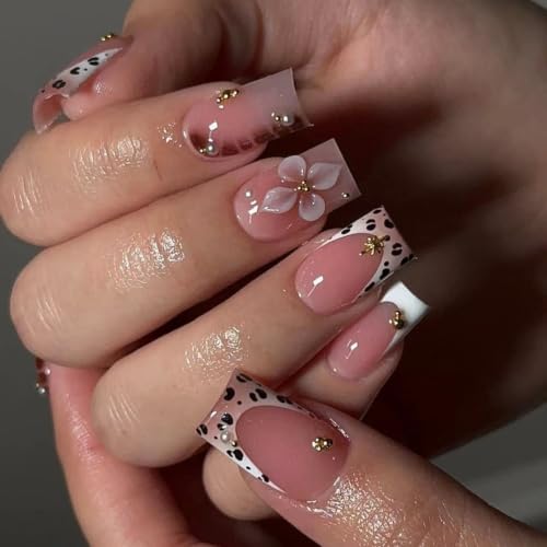 Medium Square Press on Nails French Tip Fake Nails with Leopard Print 24Pcs - color: Style-29