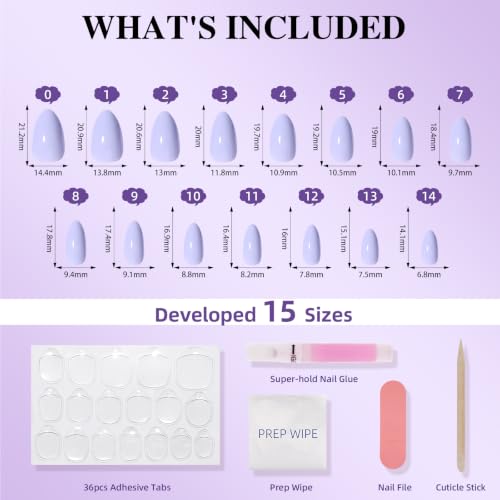 Lavender Press On Nails, Short Almond, Glossy Pastel Purple Glue On Nails - color: D9-Light Purple