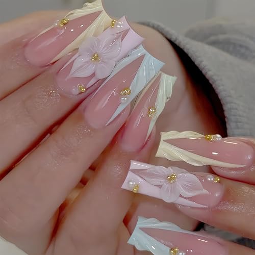 Long Square Press on Nails 3D Flower Design French Tip False Nails with Pearls Elegant Fake Nails for Women Wedding Party Prom 24 Pcs - color: 22