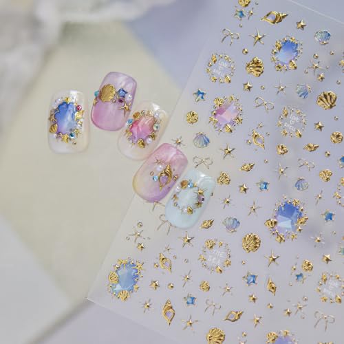 1 Sheet Summer Nail Stickers 5D Gold Shell Starfish Nail Decals Shiny Marine Life Nail Art Stickers Ocean Theme Nails Design Sea Nail Accessories Beach Nail Supplies for Women Manicure Decoration DIY - color: Gold Shell Starfish