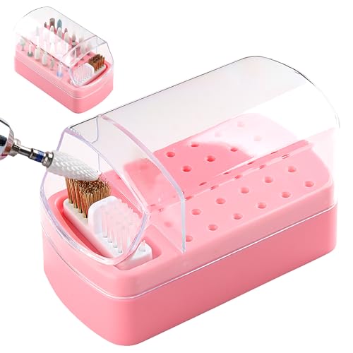2 in 1 Nail Bit Holder & Cleaner 30 Holes Drill Bit Organizer - color: Pink