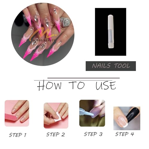 MISUD Press on Nails - Long Stiletto Fake Nails with Hot Pink, Acrylic Handmade 3D Rhinestone Design 24 pcs - color: 06103Pink