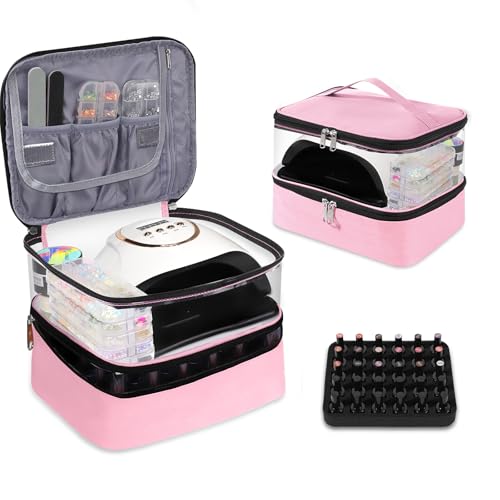 Clear Nail Polish Organizer Double layer Nail Polish Holds 30 Bottles and Nail Lamp, Nail Dryer Case Storage Supplies with Adjustable Dividers, Portable Nail Carrying Bag for Nail Tech (Pink) - color: 4.Pink, size: 1 Count (Pack of 1)