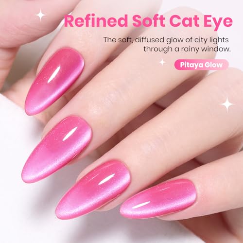Beetles Hot Pink Cat Eye Gel Nail Polish - Pitaya Glow 15ML Full Size Glitter Pink Cat Eye Summer Gel Polish Magnetic Shimmer Effect Soak Off UV Nail Art Design Salon DIY Manicure Gift for Women - color: B - Hot Pink | Pitaya Glow